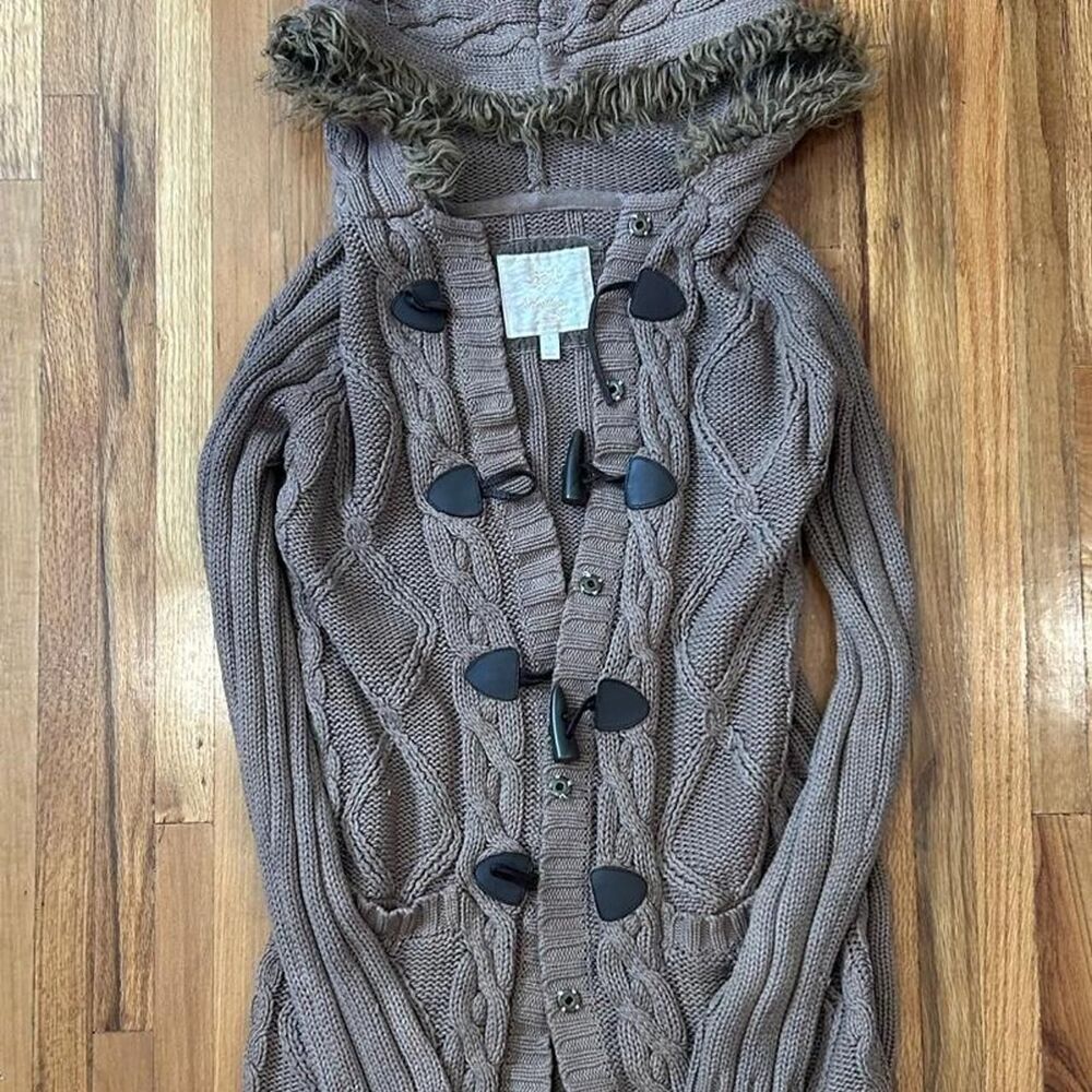 Heritage 1981 2010s Brown Cable Knit Long Cardigan with Faux Fur Hood